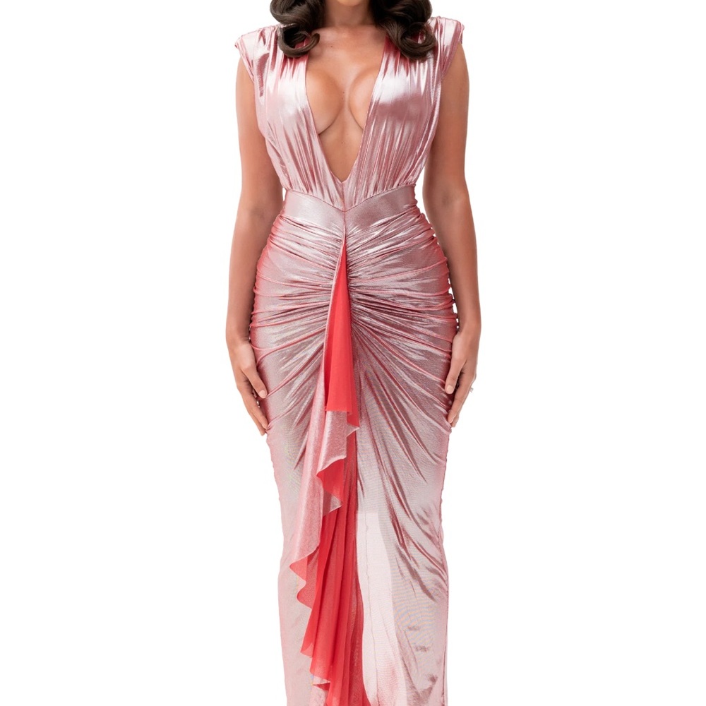 Pink Ruched Ruffled Maxi Dress for Weddings